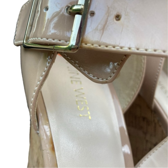NINE WEST “Florey” Nude Beige Patent Leather & Cork Wedge Platform Sandals, 9.5M - Picture 11 of 12